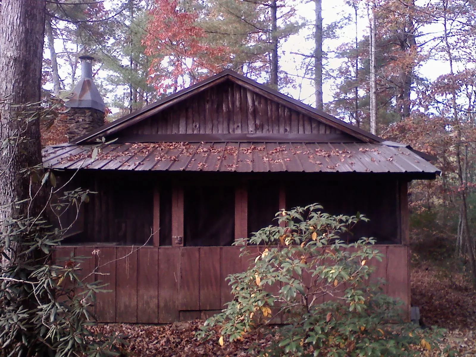 Metal roof over the screened porch of a rustic cabin in Brownsburg