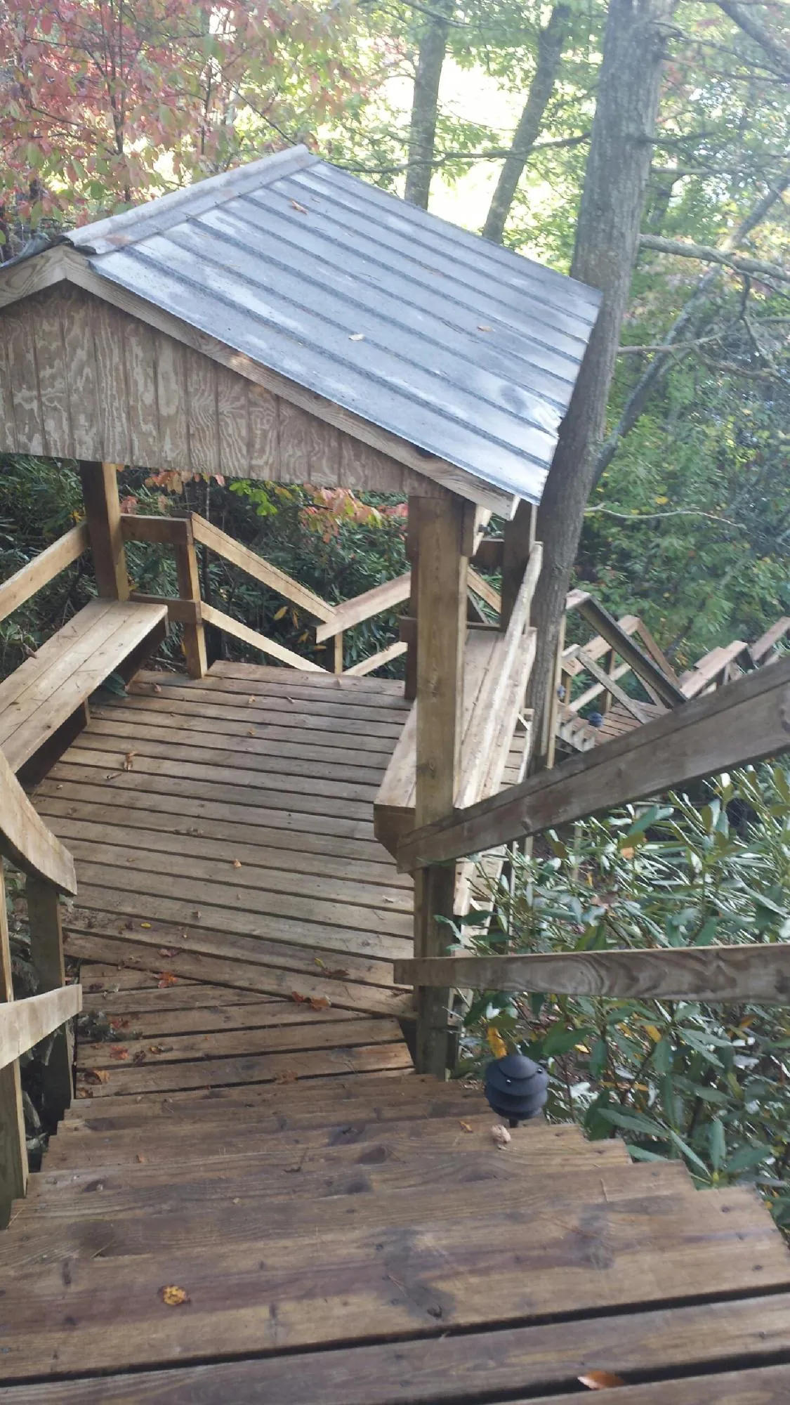 Metal roofed shelter over wooden steps on a wooded walkway — Skylight Repair & Installation work by our crew in Brownsburg